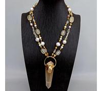 ICXLPMC 2 Rows White Pearl Lemon Quartz Brown Fancy Pearl Necklace 29x85mm Lemon Quartz Point Pendant