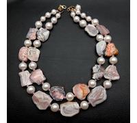 ICXLPMC 2 Strands 10-14mm White Sea Shell Pearl 24x30mm Botswanas Agate Nugget Choker Necklace