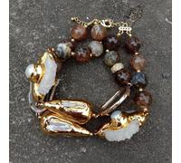 ICXLPMC 2 Strands 12mm Brown Agate White Biwa Pearl Cat Eye 25mm Quartz Slice Beaded Bracelet Fashion Jewelry