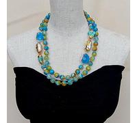 ICXLPMC 2 Strands Blue Faceted Fire Agate Round Cultured White Biwa Pearl choker Necklace 22"