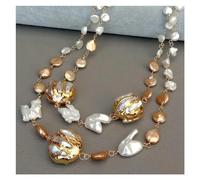 ICXLPMC 20 ", 2 hebras, perla keshi blanca, moneda dorada, perla, color dorado, envoltura de borde, envoltura de perlas, collar llamativo hecho a mano for fiesta for mujer