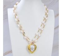 ICXLPMC 20" 2 Strands Freshwater White Baroque Pearl Multi Color Chain Heart Pearl Gold Color Plated Pendant Necklace