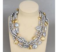 ICXLPMC 20" 4 Strands Grey Keshi Pearl Biwa Baroque Pearl Gold Color Plated Coin Necklace For Women