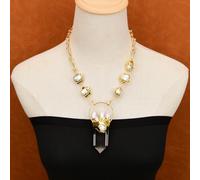 ICXLPMC 20" Cultured White Keshi Pearl Fashion Chain Necklace Clear Quartz Point Biwa Pearl Pendant
