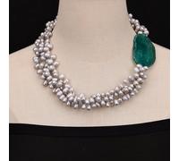 ICXLPMC 21" 3 Rows Cultured Gray Pearl Green Agate Slice Chunk Necklace