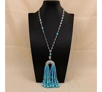 ICXLPMC 21" Blue Faceted Round Beads Pendant Crystal Paved Chain Necklace Jewelry