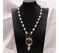 ICXLPMC 21'' White Rice Pearl Rosary Chain Necklace Purple Amethyst Quartz Clear Crystal Point Pendant