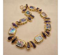 ICXLPMC 21x28mm Rainbow Color Abalone Shell Crystal Pave 14x23mm Purple Amethyst Rough Choker Necklace 20"