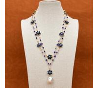 ICXLPMC 22'' 2 Rows Cultured White Pearl Blue Crystal Flower Glass Chain Necklace White Keshi Pearl Pendant