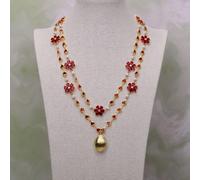 ICXLPMC 22" 2 Rows Red Heart Crystal Flower Glass Chain White Pearl Pendant Necklace