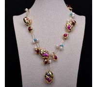 ICXLPMC 22" Freshwater Cultured White Pearl Mix Color Keshi Shell Rose Tiger eye Necklace Pendant Lady Gifts