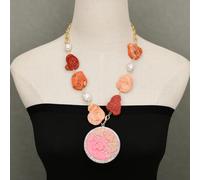 ICXLPMC 22" Freshwater White Rice Pearl Paved Real Coral Slice Necklace Yanyuan Agate Flower Carved Pendant Party Neck