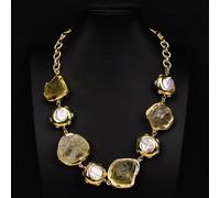 ICXLPMC 22'' Lemon Quartz Big Rough Raw Gold Edged Cultured White Keshi Pearl Chain Necklace