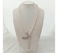 ICXLPMC 24'' 8-9MM White round freshwater Pearl Necklace pave connector sweater chain necklace for women