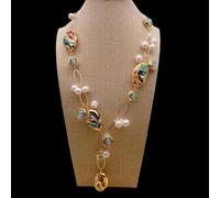 ICXLPMC 24x35mm Color Shell White Potato Pearl Blue Glass Choker Necklace