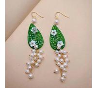ICXLPMC 24x40mm Green Jade Carved Sea Shell Flower White Pearl Cluster Earrings Gold Over Sterling Sliver Hook Earring