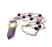 ICXLPMC 24x68mm Purple Amethyst Point Druzy Pendant 2 Rows 13mm Cultured White Pearl 12mm Amethyst Necklace
