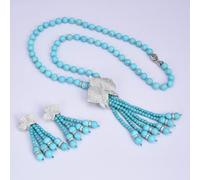 ICXLPMC 25" Blue Stone Cubic Zirconia Pave Flower Tassel Pendant Necklace Earrings Bracelet Sets For Women (Necklace-Earrings)