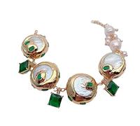ICXLPMC 25mm Cultured White Keshi Coin Pearl Green Square Charm Bracelet Fashion Jewelry