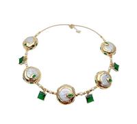 ICXLPMC 25mm Cultured White Keshi Coin Pearl Green Square Charm Choker Necklace Coller Fashion Necklace