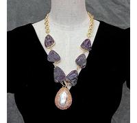 ICXLPMC 27x35mm Purple Amethyst Rough Necklace 35x43mm Cultured Keshi Pearl Pendant
