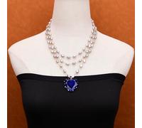 ICXLPMC 3 Rows 18'' Freshwater Gray Keshi Pearl Chain Necklace Heart Blue Quartz Crystal Pendant Lady Party Gifts