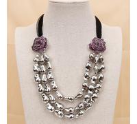 ICXLPMC 3 Rows Brushed Teardrop Beads Purple zircon Flower Silk rope Necklace