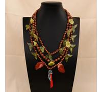 ICXLPMC 3 Rows Mix Stone Goldstone Yellow Jade Coral Pearl Pendant Gems Necklace