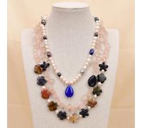 ICXLPMC 3 Rows Mix Stone Rose Quartz Pearl Jasper Gems Necklace