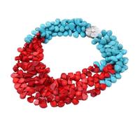 ICXLPMC 3 Rows Red Coral Blue Teardrop Stone Necklace For Women