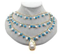 ICXLPMC 3 Strands 19'' White Rice freshwater Pearl Blue Enamel Chain Necklace gold color Chain white keshi pearl pendant