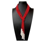 ICXLPMC 3 Strands 4mm Round Red Coral Cultured White Pearl Lariat Long sweater chain Necklace 50"