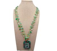 ICXLPMC 3 Strands 5x7mm Green Chrysoprase Rosary Chain Necklace 38x42mm Rectangle Seraphinite Pendant
