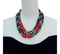 ICXLPMC 3 Strands 8-10MM Faceted round Black Dzi Agate Red Coral choker Necklace 18"
