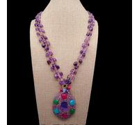 ICXLPMC 3 Strands 8x10mm Purple Amethyst Rosary Chain Necklace 56x47mm Big Amethyst Raw Jade Pendant