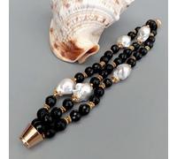 ICXLPMC 3 Strands Black Faceted Beads Cultured White reborn Keshi Pearl statement Bracelet 8.5"
