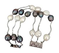 ICXLPMC 3 Strands Silver Charm Connector Cultured Freshwater White Baroque Pearl Black Rice Pearl Bracelet
