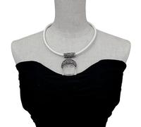 ICXLPMC 36x48mm Matte Clear Quartz Carved Buddha Head Pendant Trimmed With Black Crystal White Leather Choker Necklace