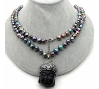 ICXLPMC 37" Cultured Black potato freshwater Pearl Necklace black crystal Buddha Pendant religious style party for women