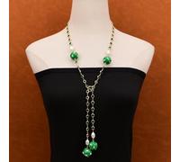 ICXLPMC 38'' Green Enamel Glaze Keshi Pearl Cultured White Rice Pearl Green Crystal Paved Long Chain Necklace Pendant For Women