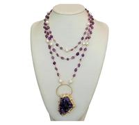 ICXLPMC 3Strands Amethyst Druzy Rough Pendant Freeform Amethyst White Pearl Link Chain statement Necklace 18"