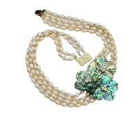 ICXLPMC 4 Rows Cultured White Rice Pearl Green Abalone Shell Flower Necklace Bracelet Sets For Lady (Necklace)
