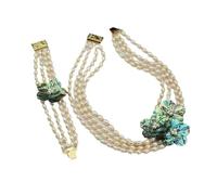 ICXLPMC 4 Rows Cultured White Rice Pearl Green Abalone Shell Flower Necklace Bracelet Sets For Lady (Sets)