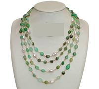 ICXLPMC 4 strands Green Chrysoprase Freeform Cultured White Baroque Pearl Wrap Necklace 19" for women