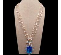 ICXLPMC 40x55mm Big Blue Crystal Pendant 3 Strands White Pearl Sea Shell Crystal Rosary Chain Necklace