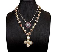 ICXLPMC 44x52mm Charm Coin Pearl Crucifix Pendant 2 Rows White Pearl Rosary Chain Cubic Zirconia Chain Necklace