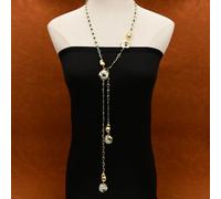 ICXLPMC 46" Cultured White Coin Pearl Green Crystal Paved Brushed Bead Long sweater chain Necklace
