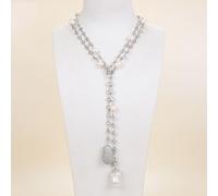 ICXLPMC 49" White Keshi Pearl cubic zirconia Pave Chain silver color plated Long Necklace sweater chain necklace for women