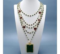 ICXLPMC 5 Rows 18'' White Pearl Green Red Crystal Chain Necklace Green Agates Pendant Vintage Party Style For Women Jewelry