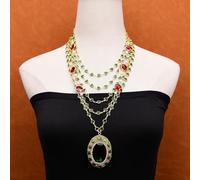 ICXLPMC 5 Rows 18'' White Pearl Green red Crystal Chain Necklace Green Crystal Pendant vintage lady party style